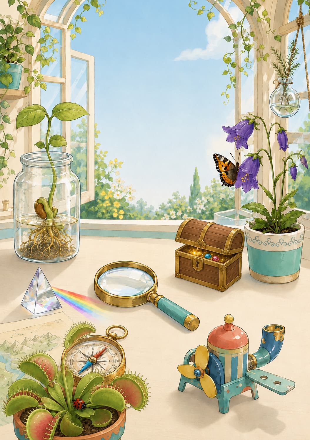 Un atelier lumineux mêlant plantes, loupe, prisme et petites expériences