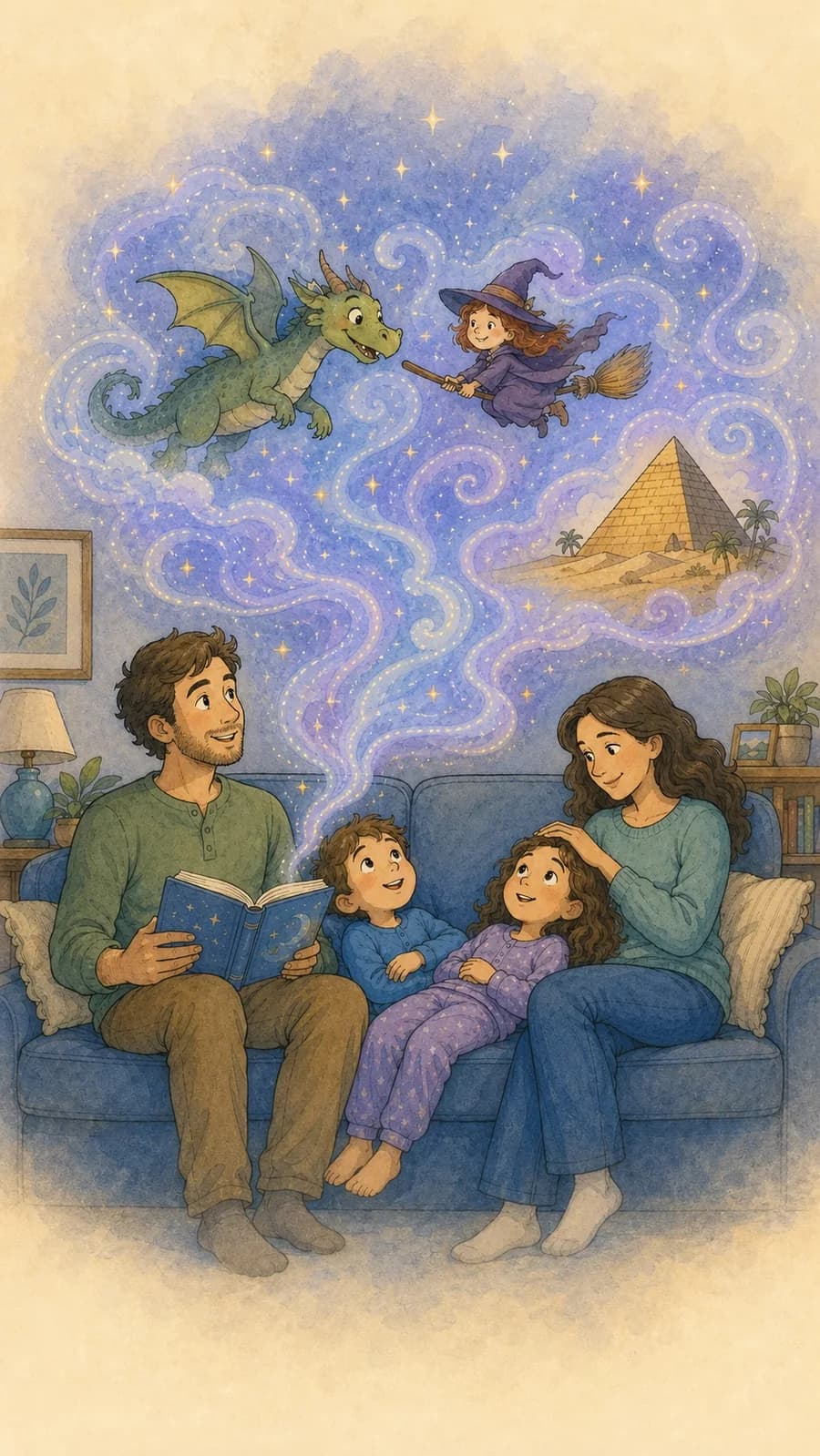 Une famille écoute une histoire tandis qu’un dragon, une jeune sorcière et une pyramide prennent vie dans l’imaginaire des enfants.