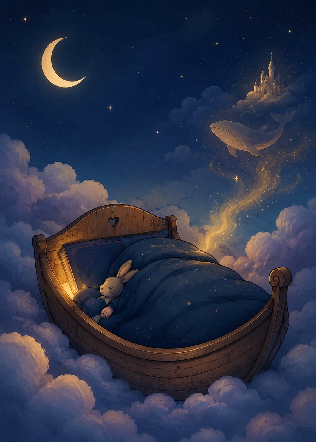 Un enfant endormi dans un lit-bateau au milieu des nuages et des étoiles