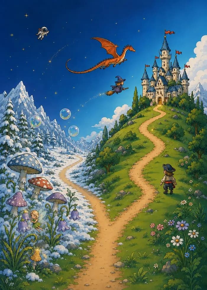Un chemin entre royaume enneigé et château merveilleux, survolé par un dragon